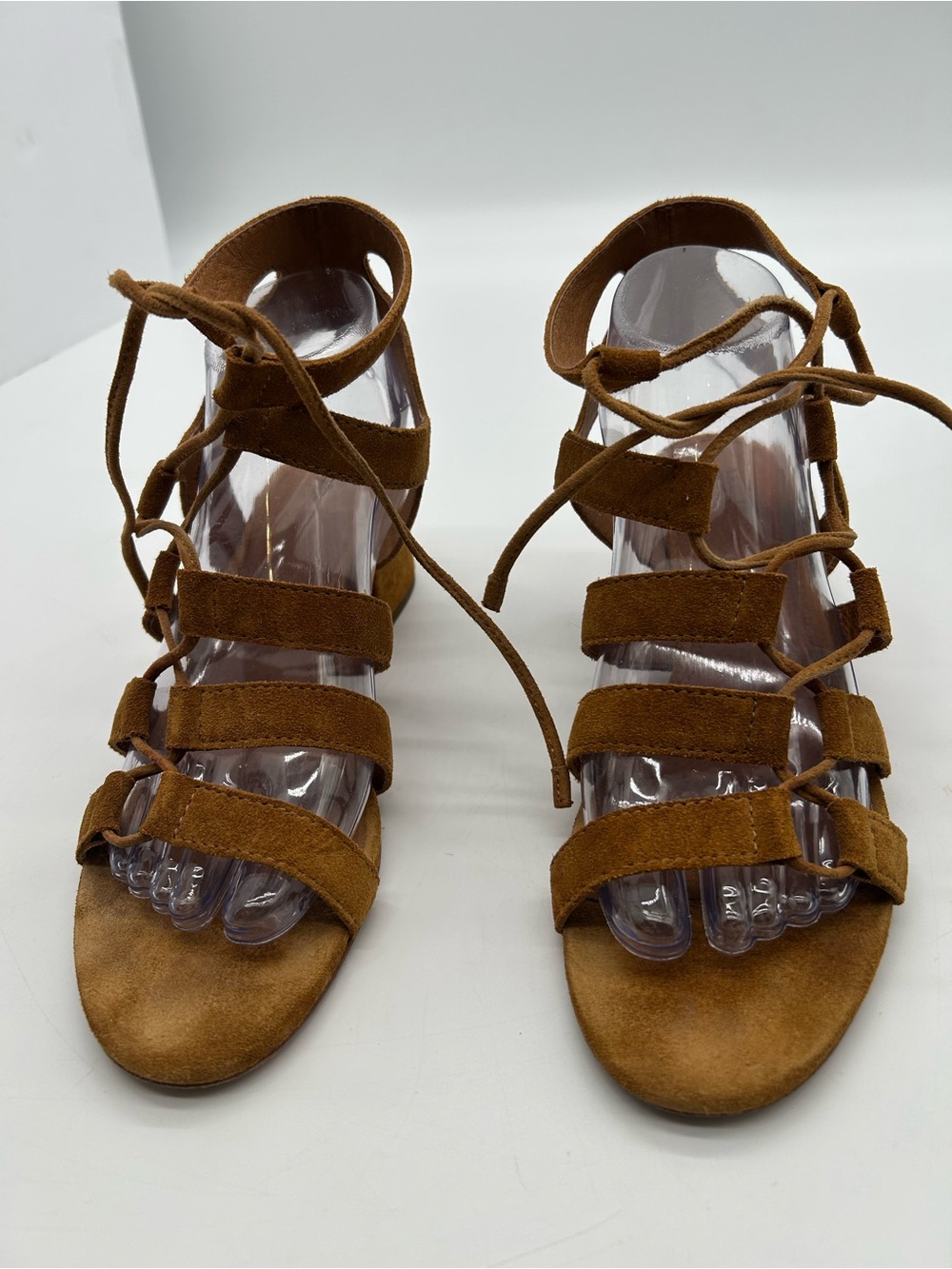 Frye Chrissy Side Ghillie Suede Heeled Sandal in Cognac brown size 8.5